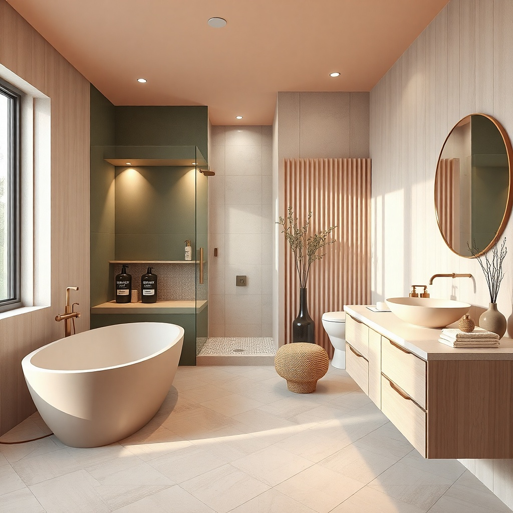Matching refillable soap and lotion bottles in a shower niche and near the sink