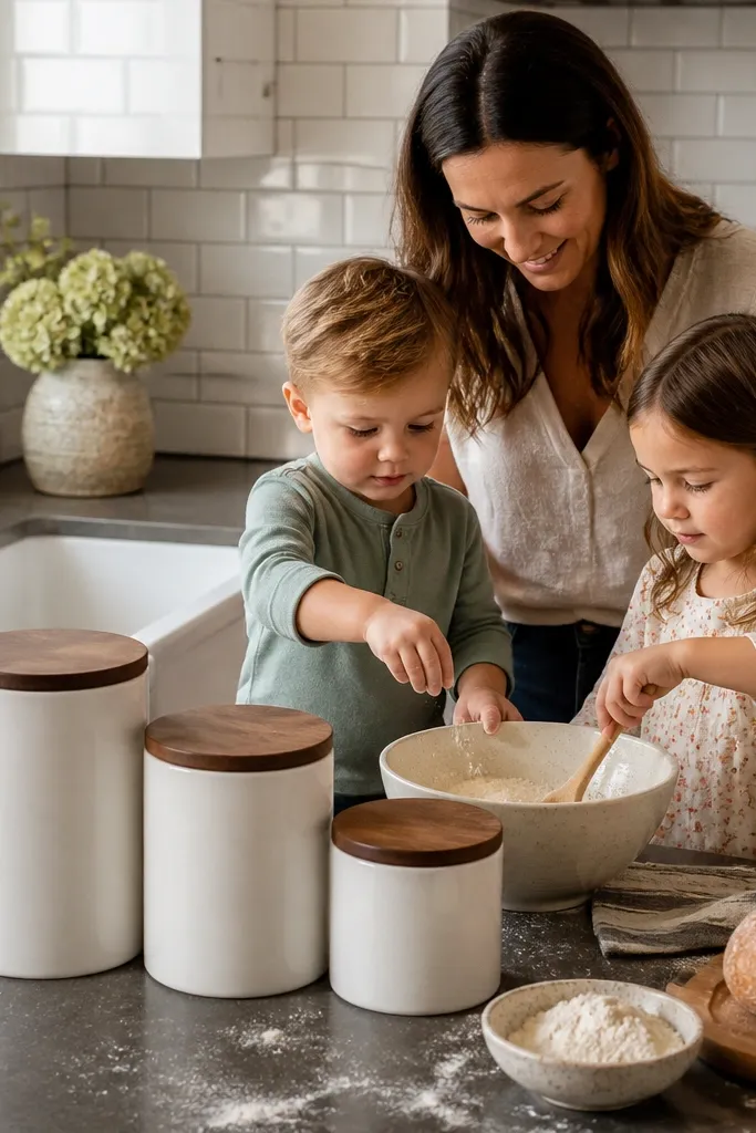White stoneware canisters with walnut lids beside a white subway tile backsplash