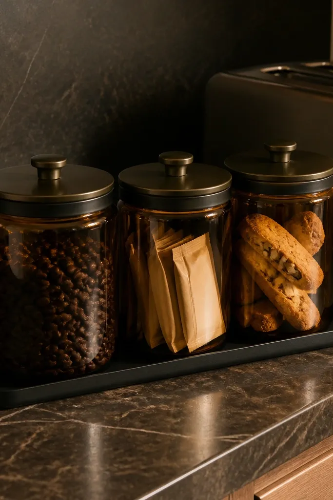 Amber glass jars on a black tray next to a coffee machine