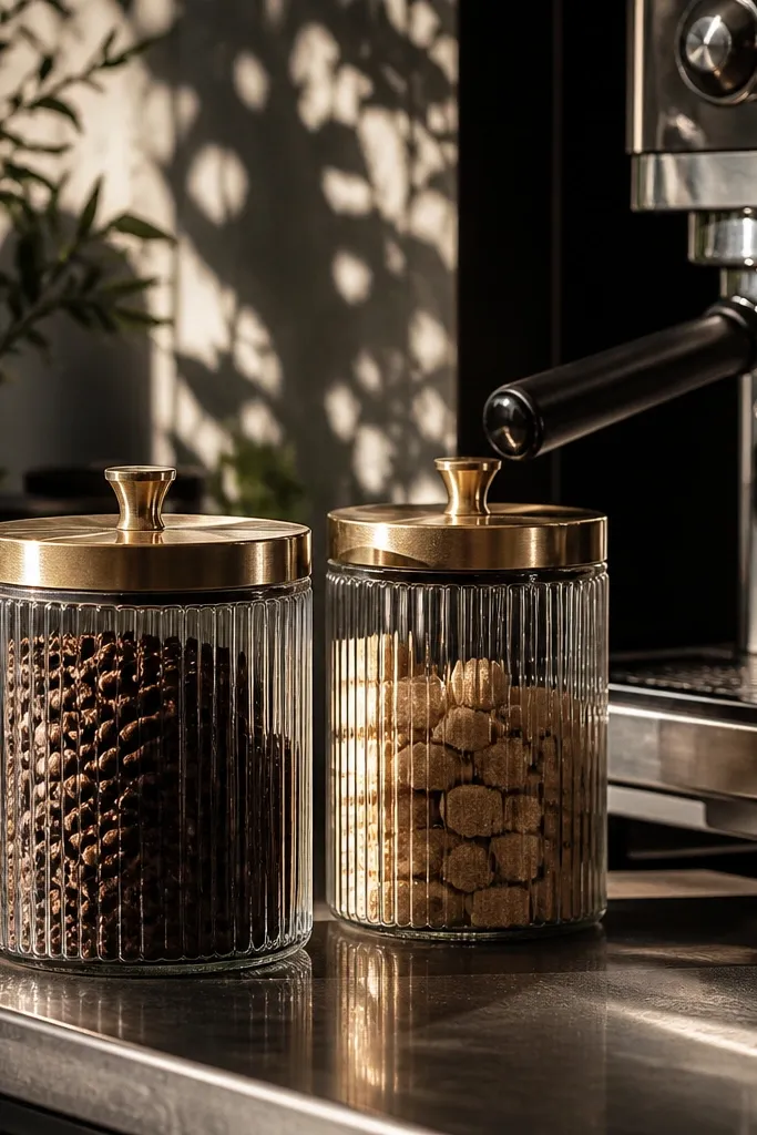 Ribbed glass canisters with sugar and coffee beside an espresso machine