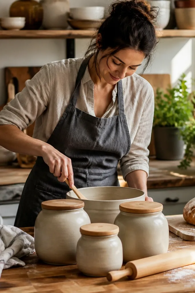Oatmeal ceramic canisters on a butcher block counter near a wood cutting board