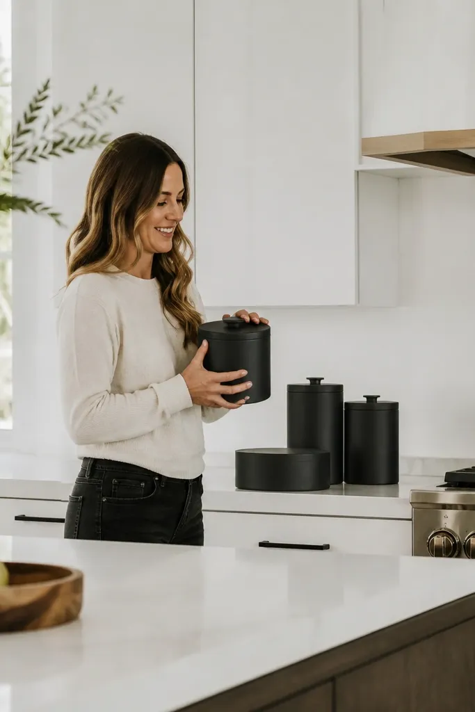 Tall matte black canisters on a white quartz kitchen counter