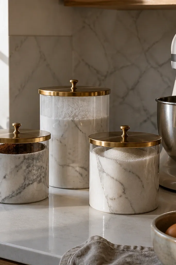 White marble canisters with brass lids beside a stand mixer