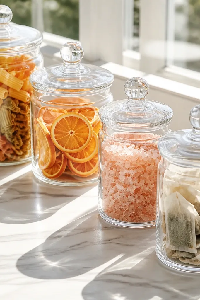 Clear apothecary jars filled with pasta, lemons, and pink salt on a kitchen counter