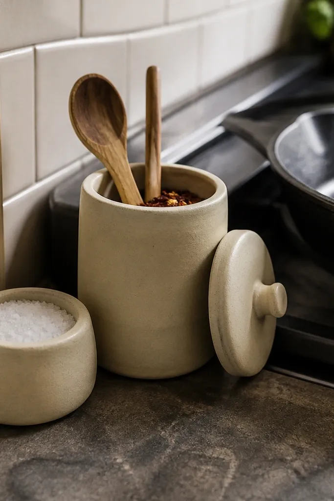 Low ceramic salt cellar and olive oil jar beside a stovetop