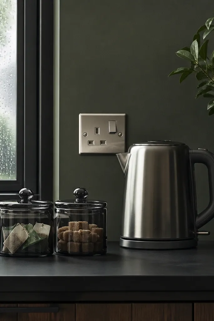Smoked glass canisters with tea bags and sugar next to a kettle