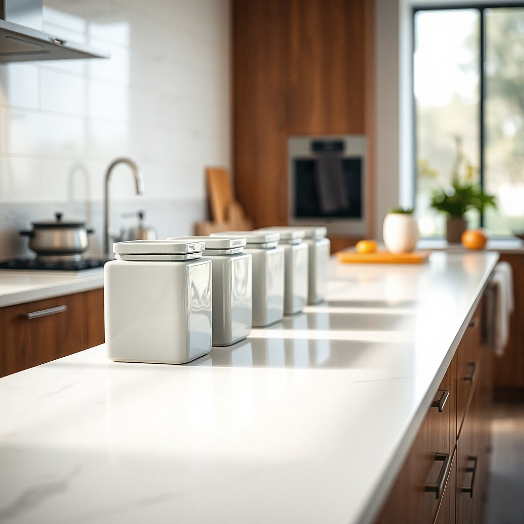 Slim square canisters lined up on a narrow kitchen counter