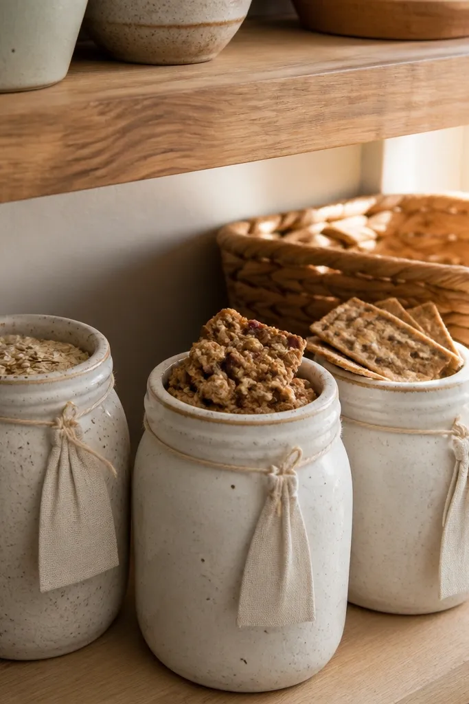 Speckled ceramic jars with simple linen labels on a warm kitchen counter