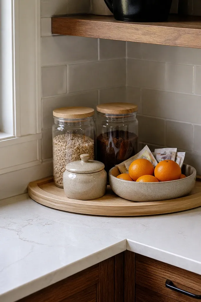 Glass and oak canisters arranged on a tray in a kitchen counter corner