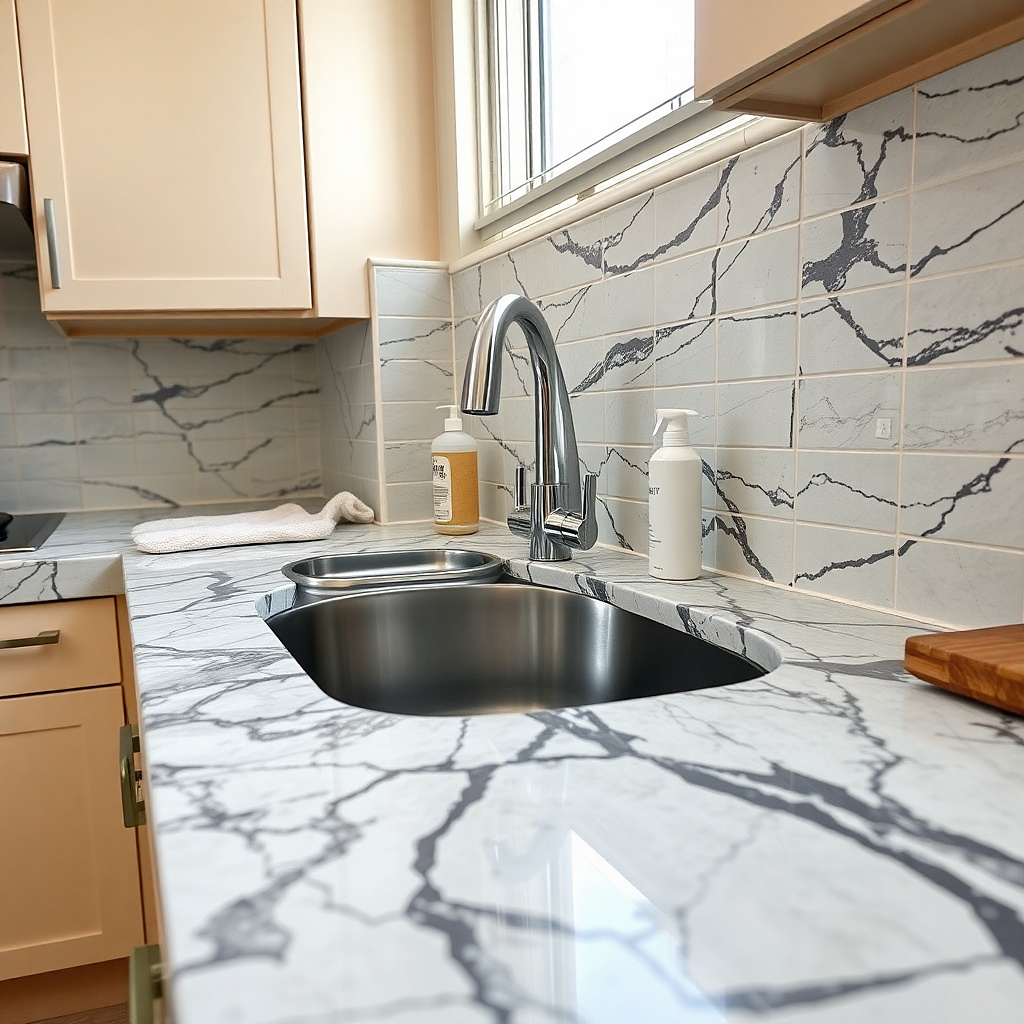 Rental kitchen counter covered in fake marble contact paper with dark gray veins