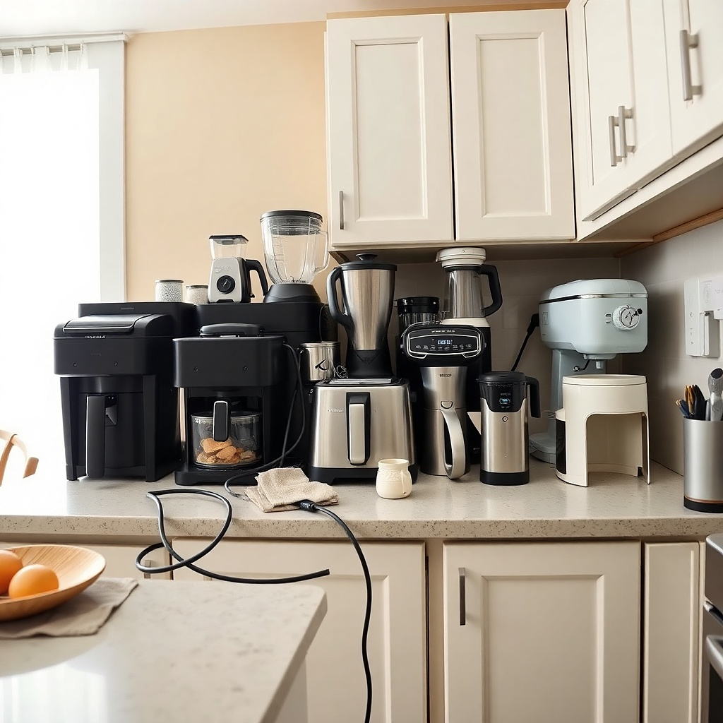 Cluttered rental kitchen counter with toaster blender coffee maker and air fryer