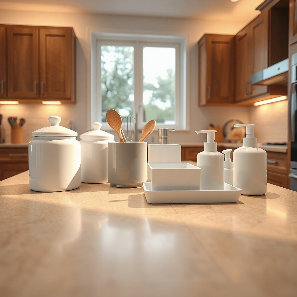 Beige laminate countertop with stark white canisters and cool gray tray