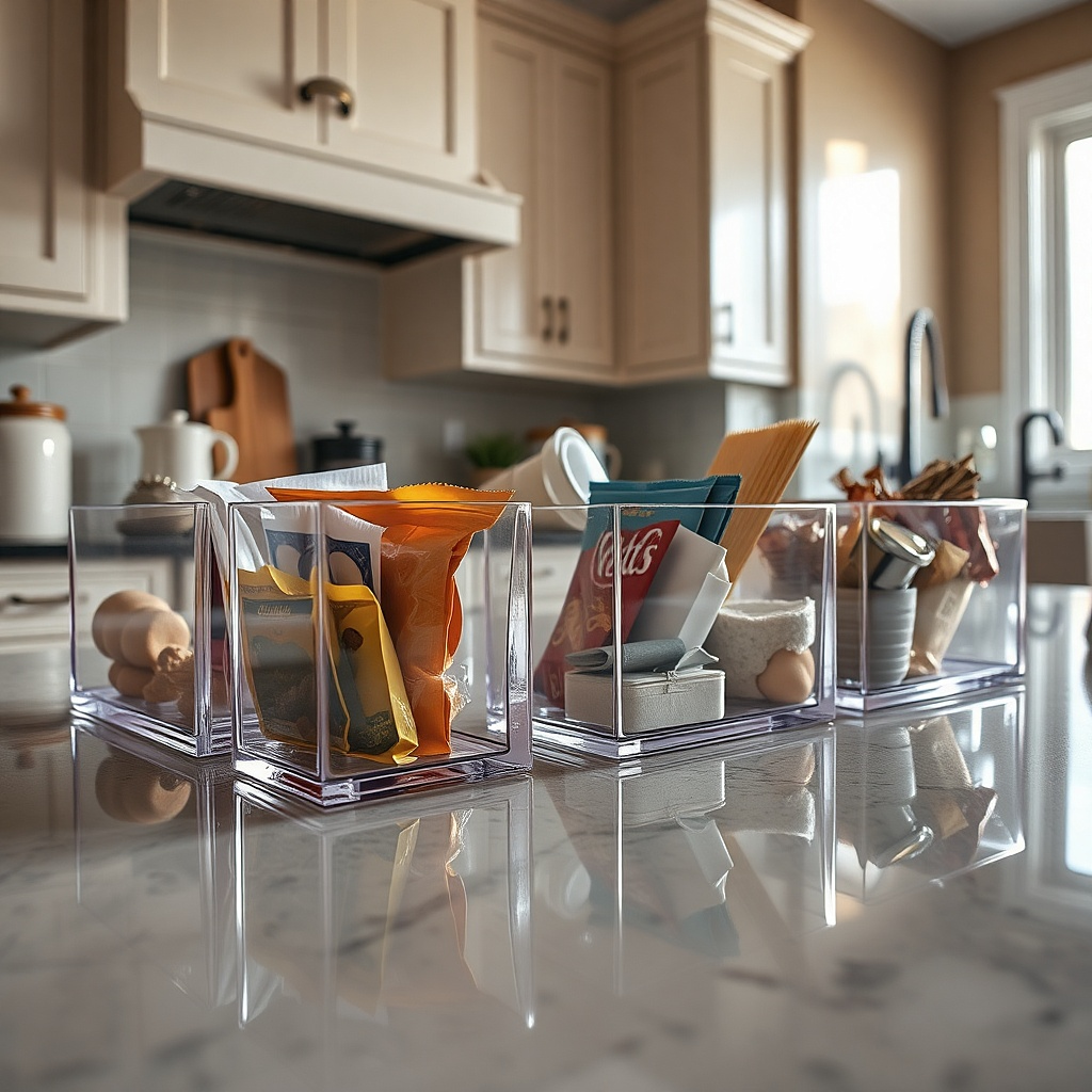 Glossy plastic utensil holder and tray on kitchen countertop