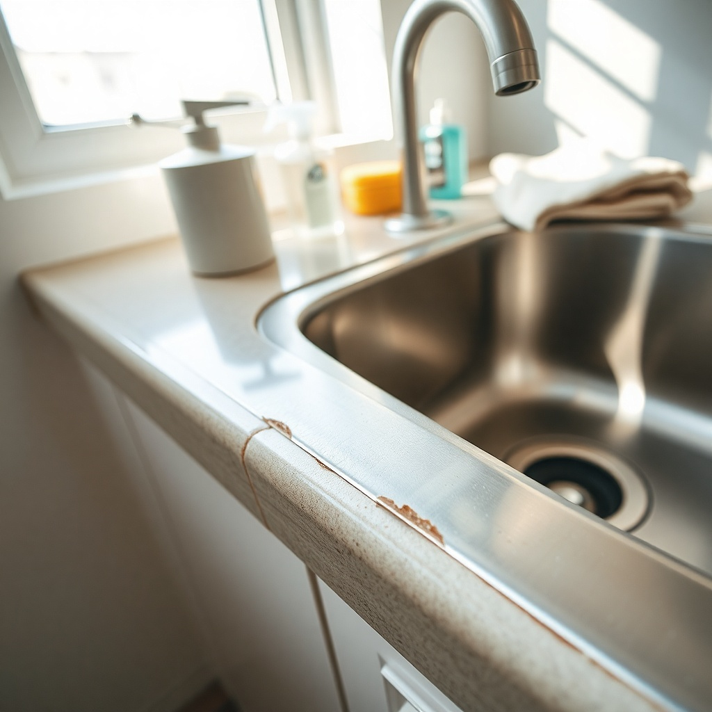 Worn laminate counter edge and stained caulk around sink