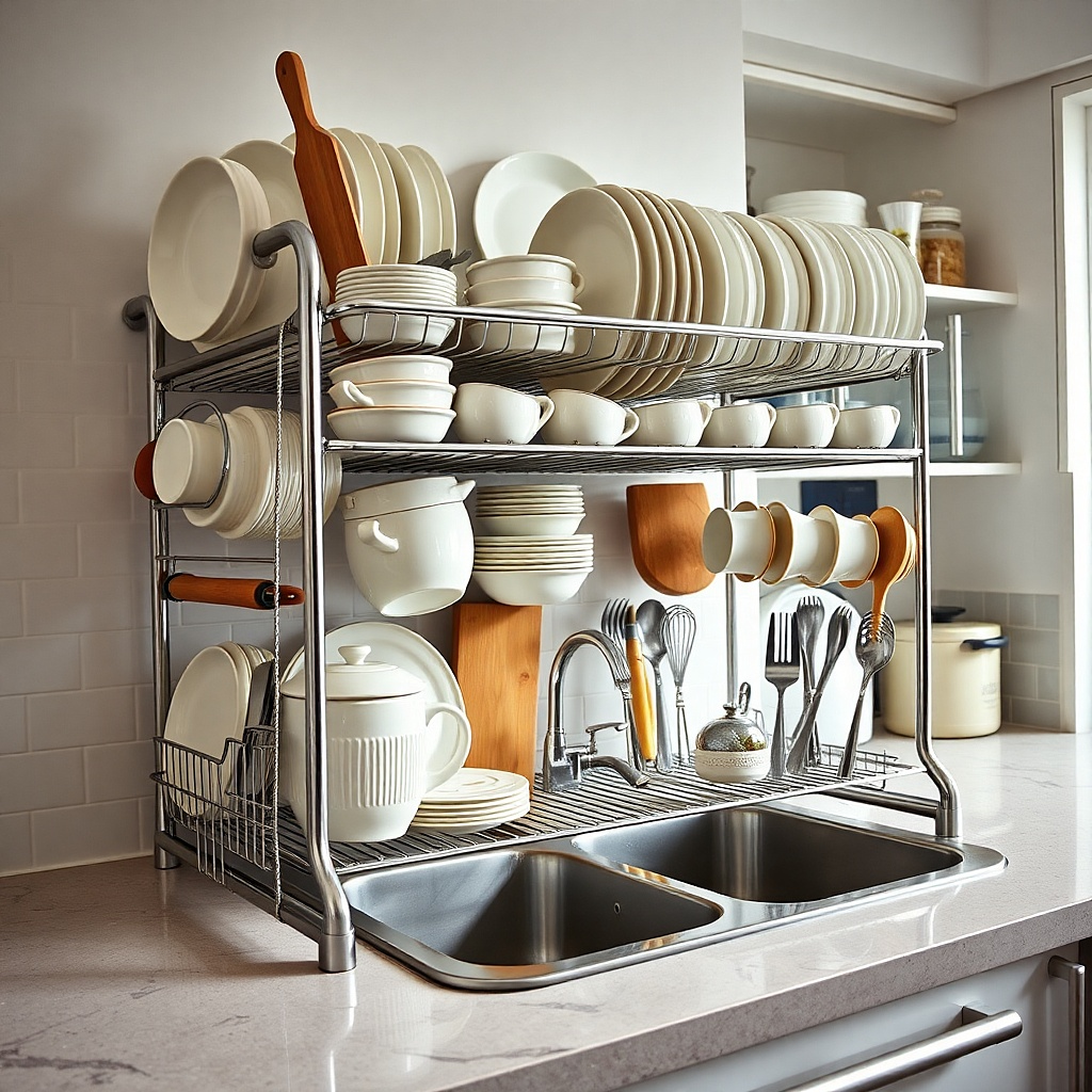Large chrome dish rack dominating a small rental kitchen counter