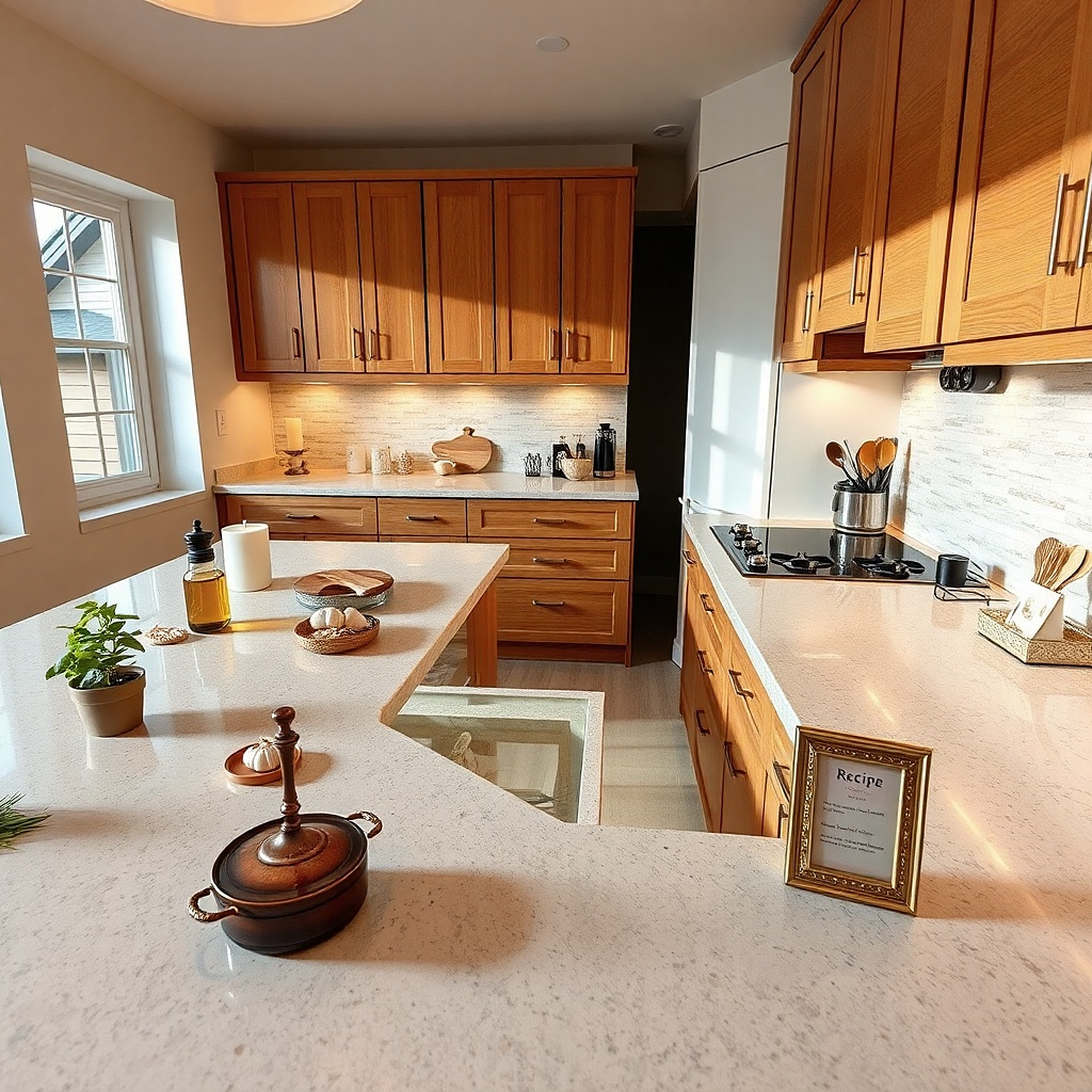 Kitchen counter with small signs candles and mini plants scattered around