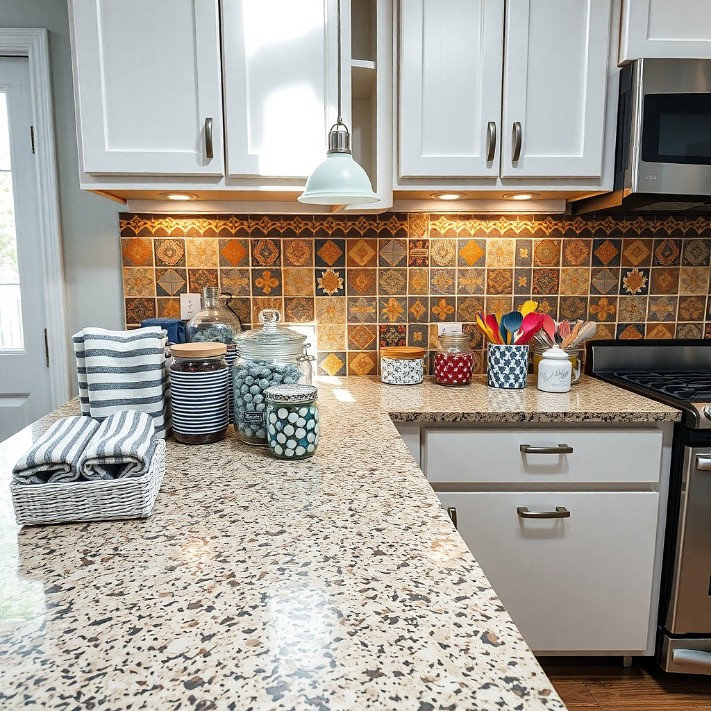 Patterned laminate countertop with crowded backsplash and many items