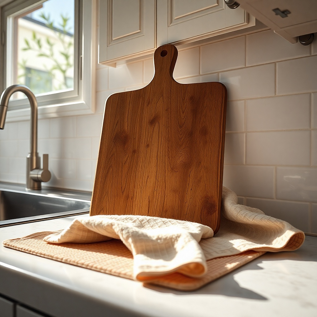 Old stained cutting boards and a worn drying mat on kitchen counter