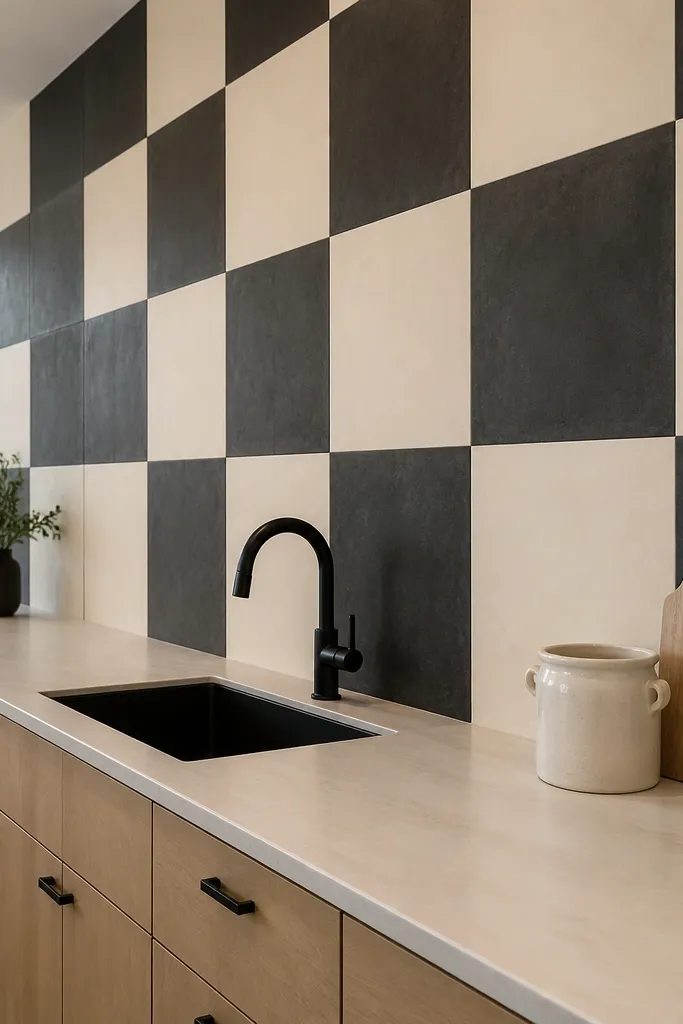 Two-tone black and cream checkerboard mural above a kitchen counter