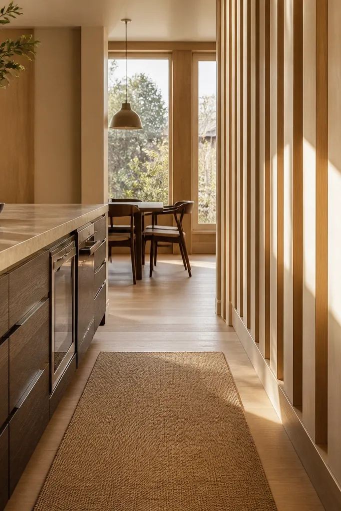 Light wood slats with narrow white vertical gaps on a kitchen wall