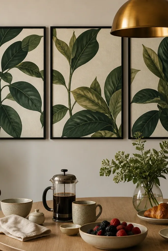 Three framed botanical print panels in green and cream above a dining table
