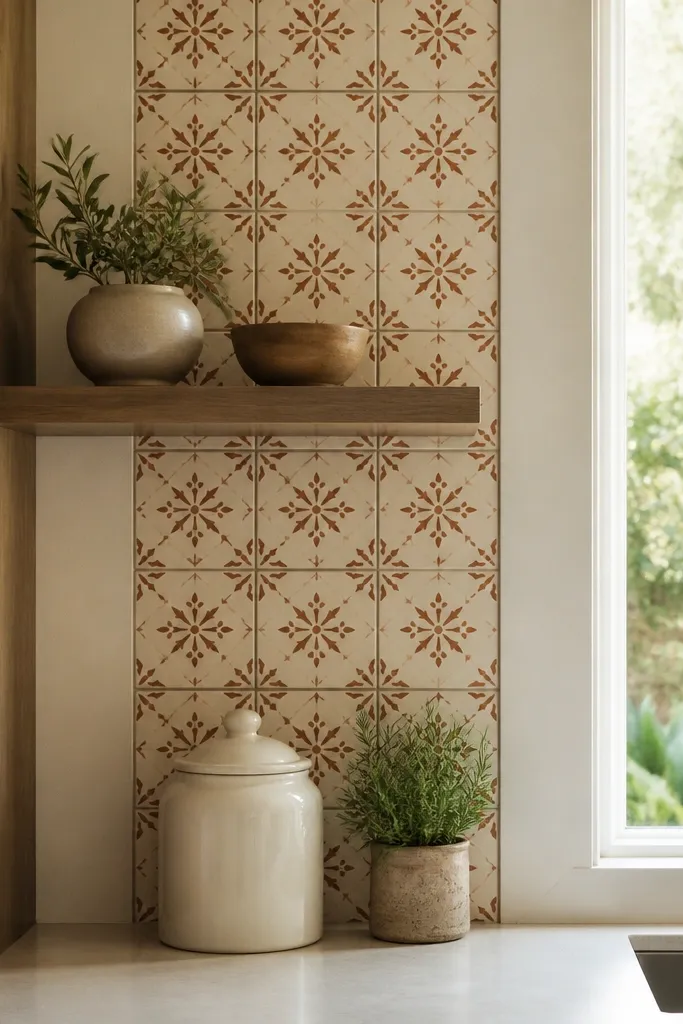 Tile-look patterned strip in terracotta and cream above kitchen cabinets