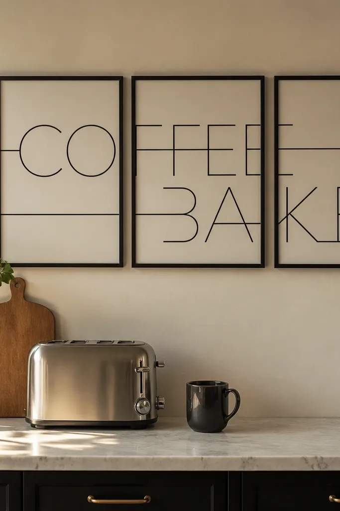 Black word art reading 'COFFEE' and 'BAKE' in framed line above counter