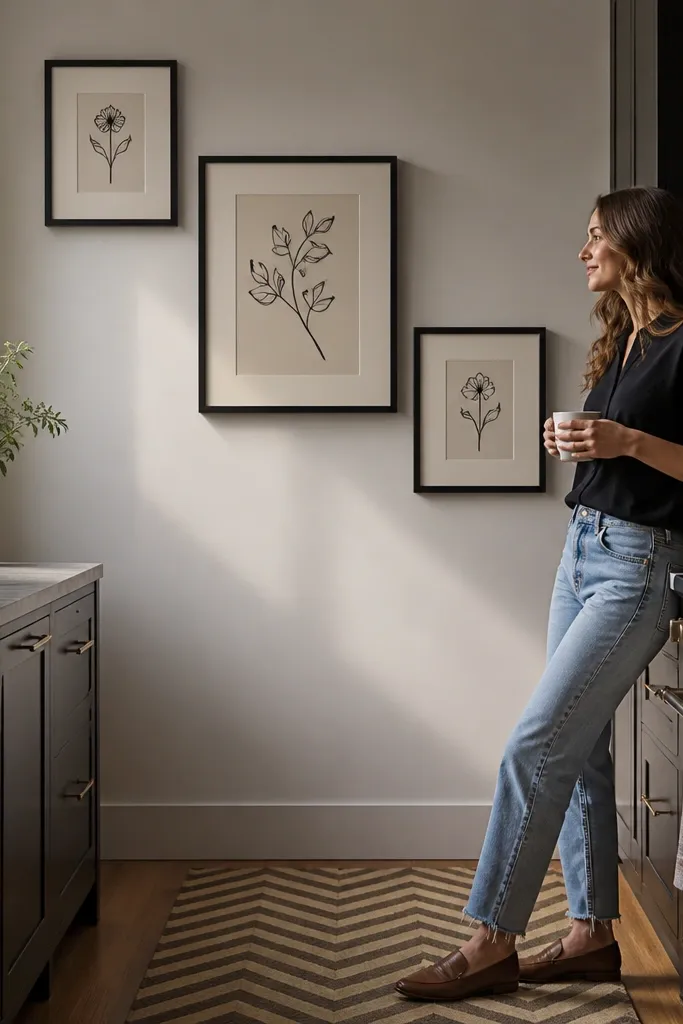 Zigzag arrangement of three framed prints in black and cream above kitchen cabinets