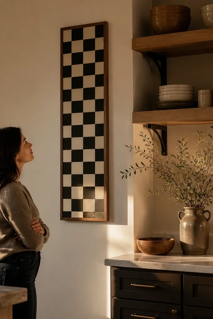 Narrow framed panel with black and cream checker stripe pattern on kitchen wall