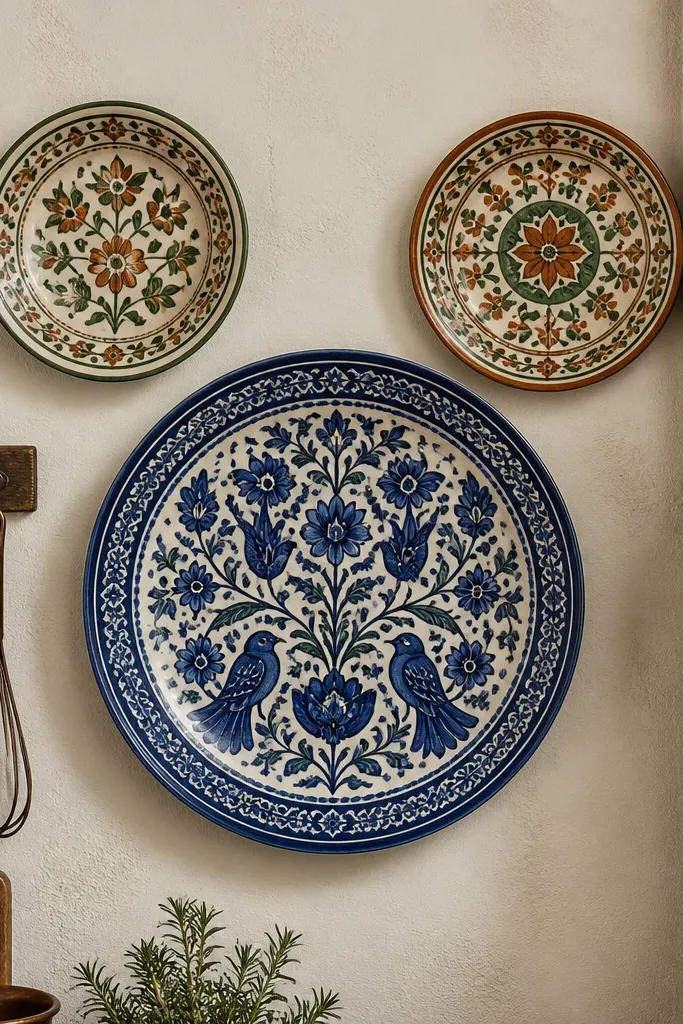 Three large decorative plates with blue patterns mounted like a wall cluster