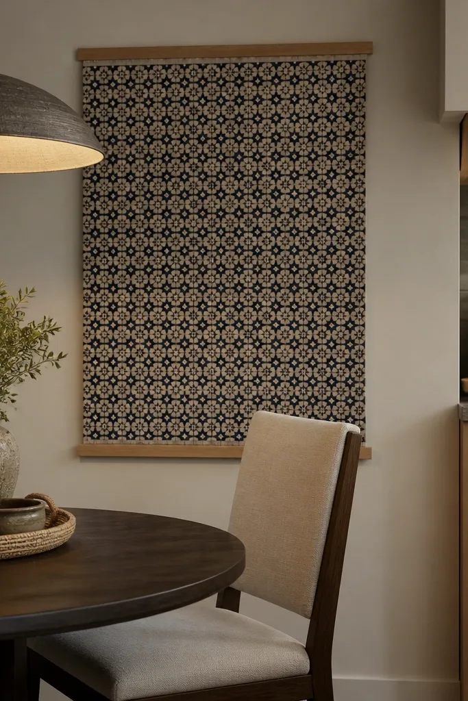 Fabric panel with small geometric pattern hung straight across a kitchen wall