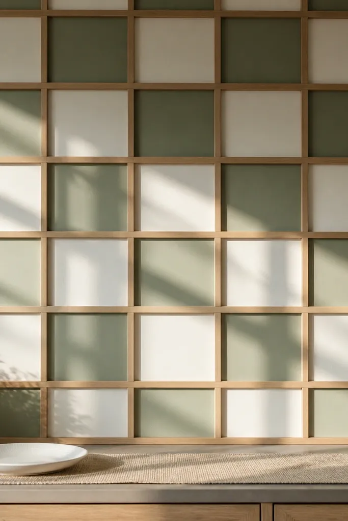 Light wood lattice grid with alternating paint squares on a kitchen wall