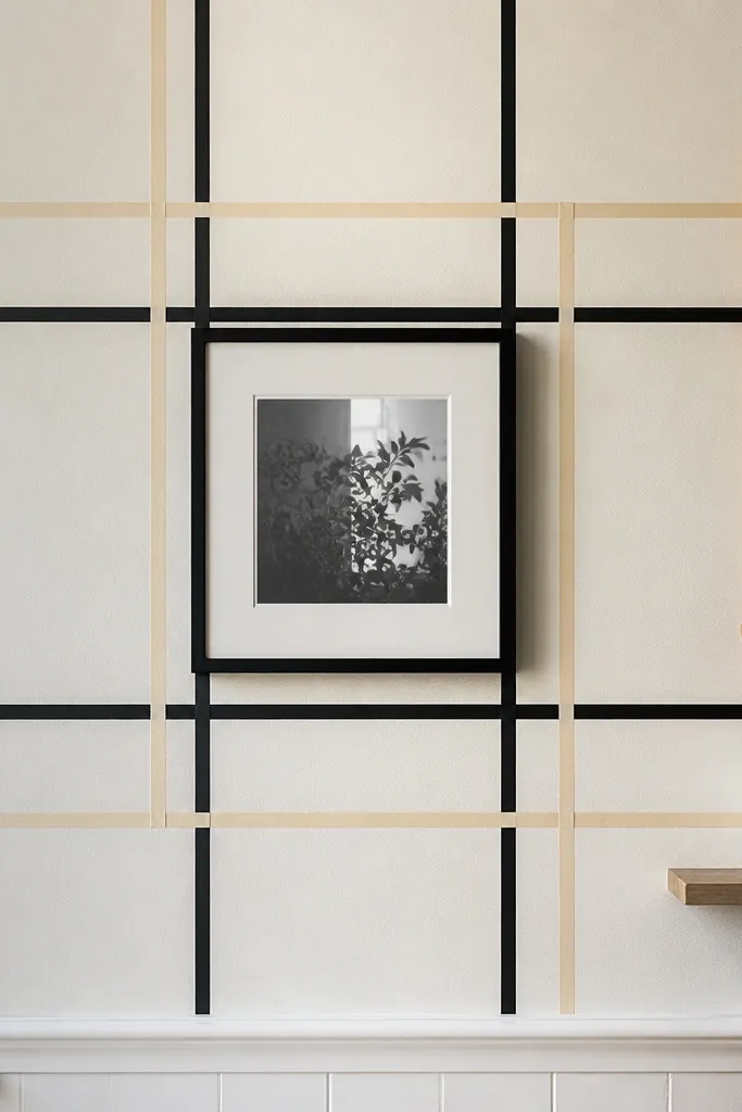 Straight grid of washi tape lines in black and cream on a kitchen wall