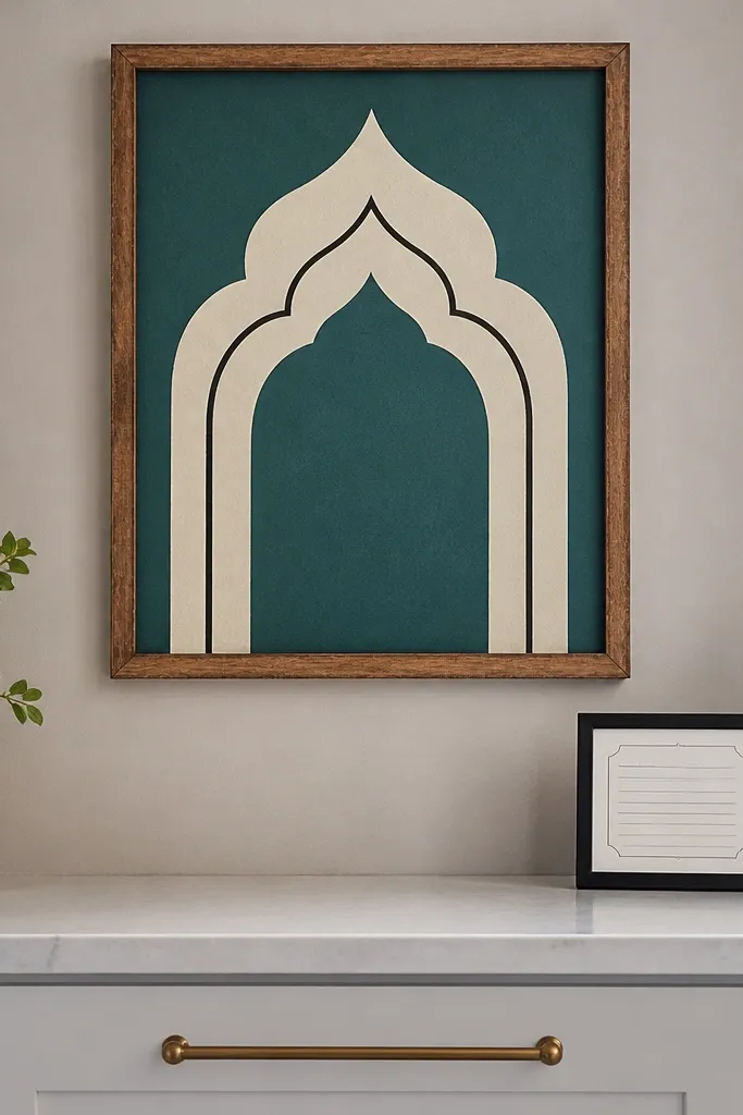 Single painted arch pattern in teal and cream framed on a kitchen wall