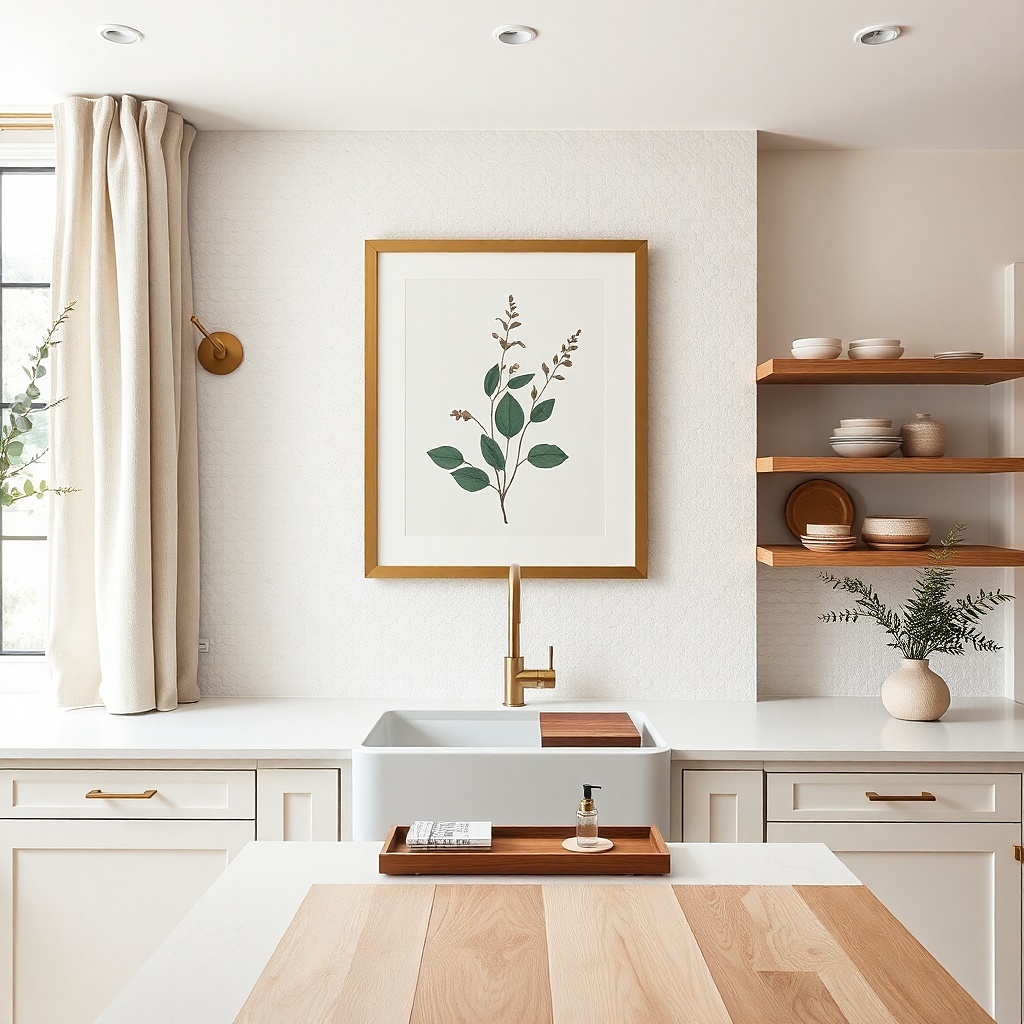 Large framed print with a white mat above a kitchen sink.