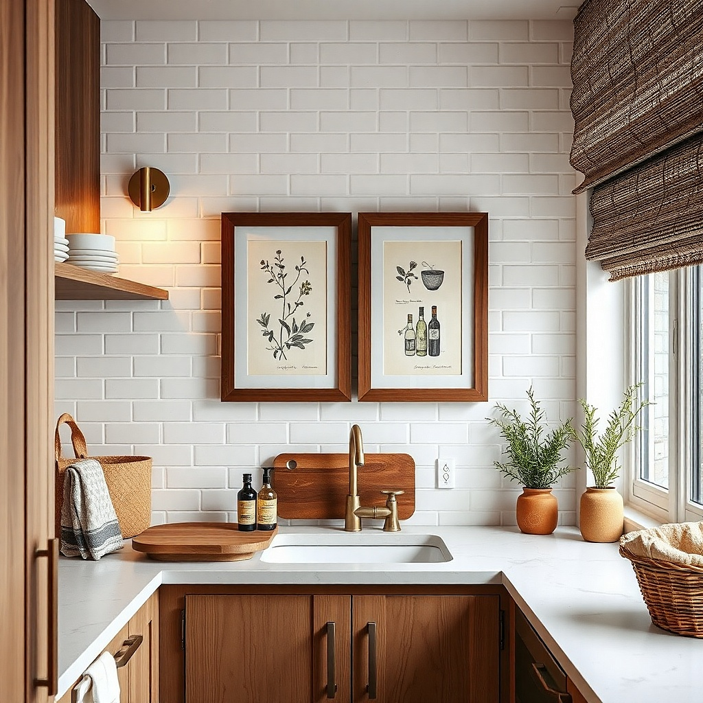 Two tall matching frames stacked above a kitchen sink.