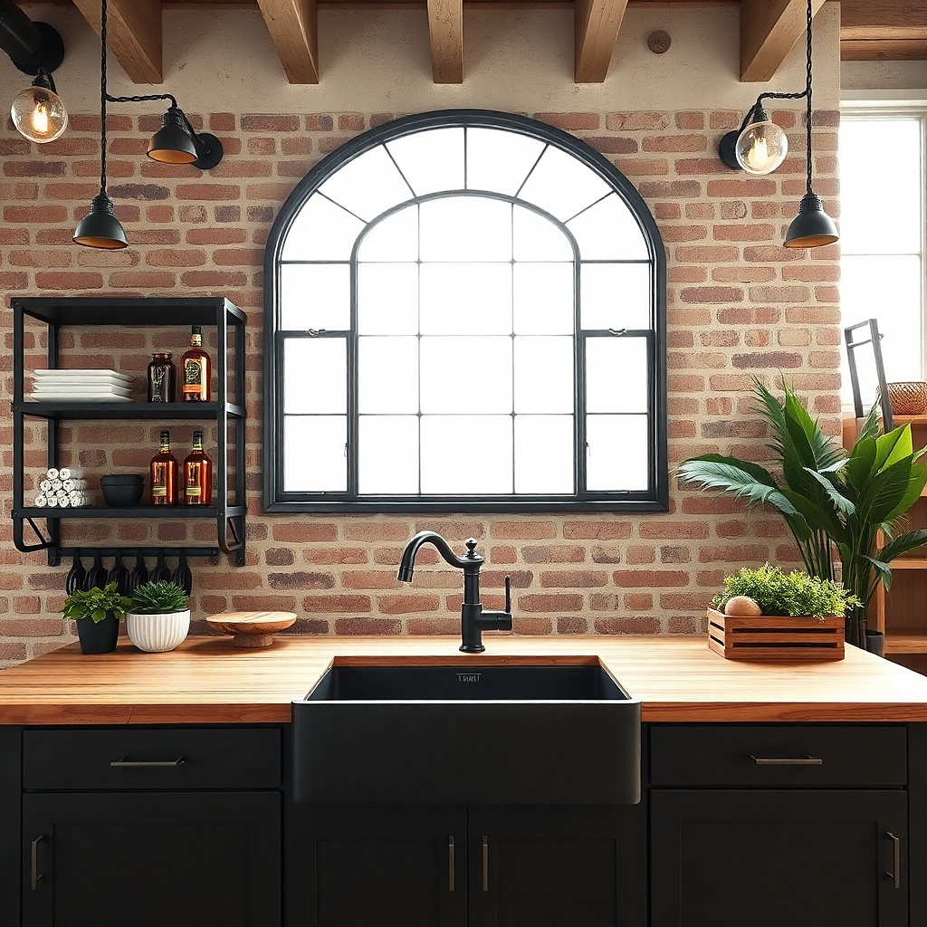 Black metal framed mirror reflecting light above a kitchen sink.