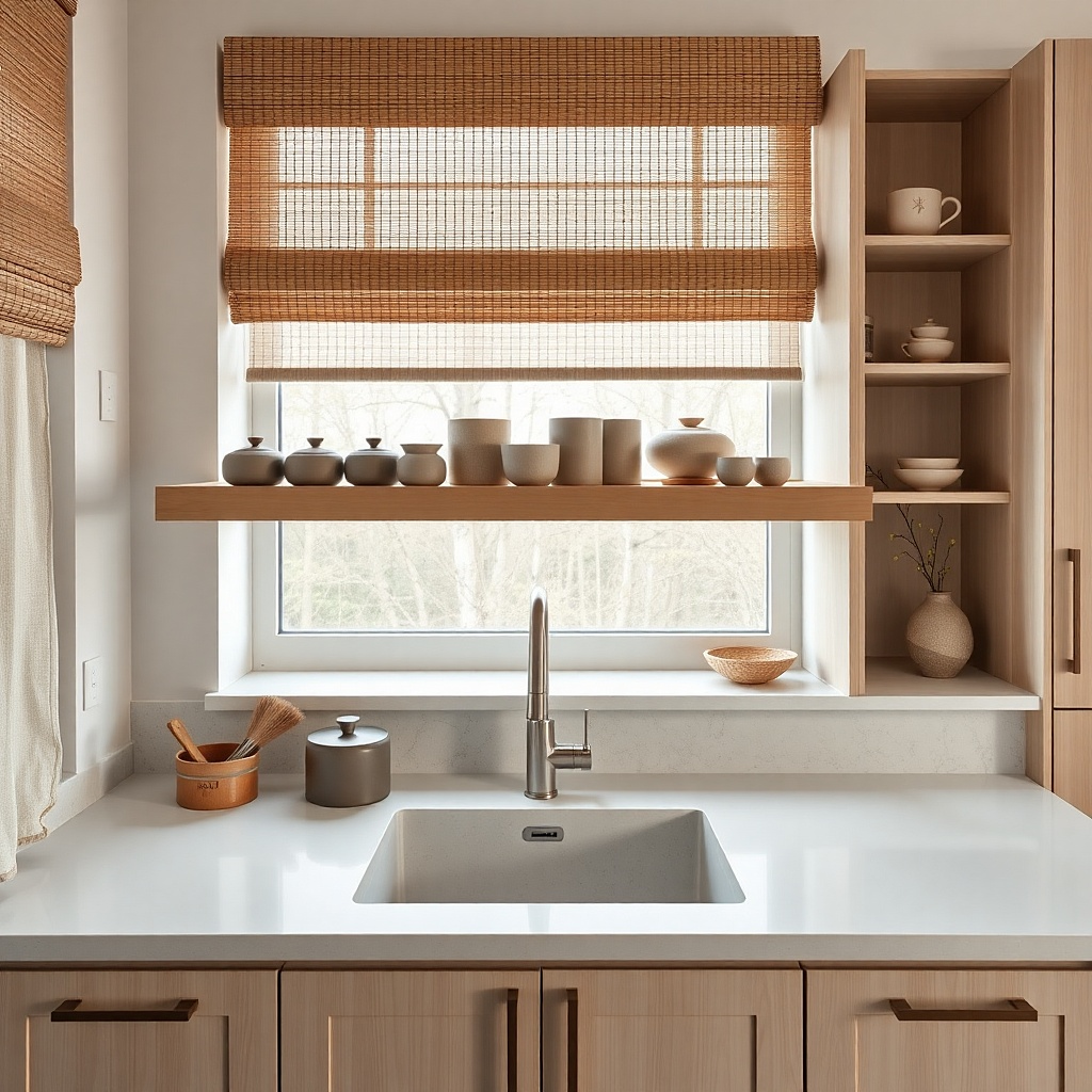 Small floating wood shelf holding two matching ceramic canisters.