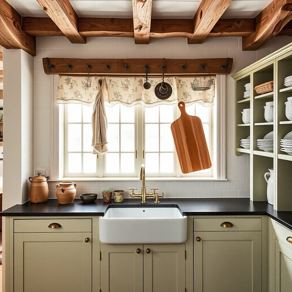 Peg rail with hooks and one neat set of kitchen tools above sink.