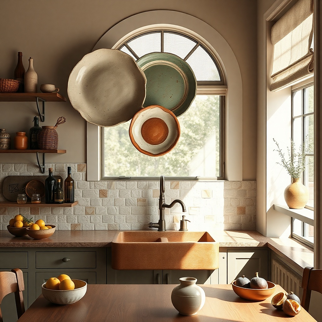 Three ceramic wall plates mounted above a kitchen sink.