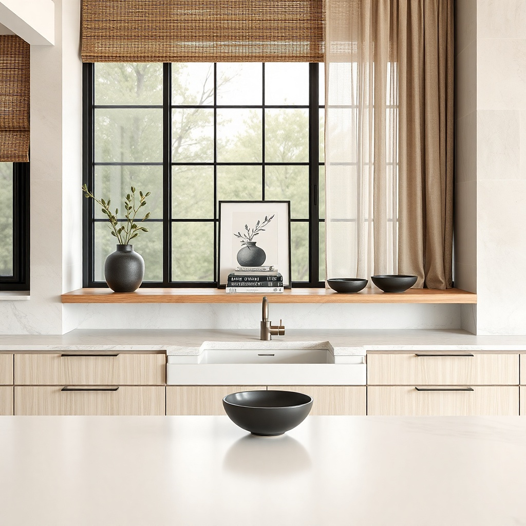 Narrow ledge holding a tray and two small vases above sink.