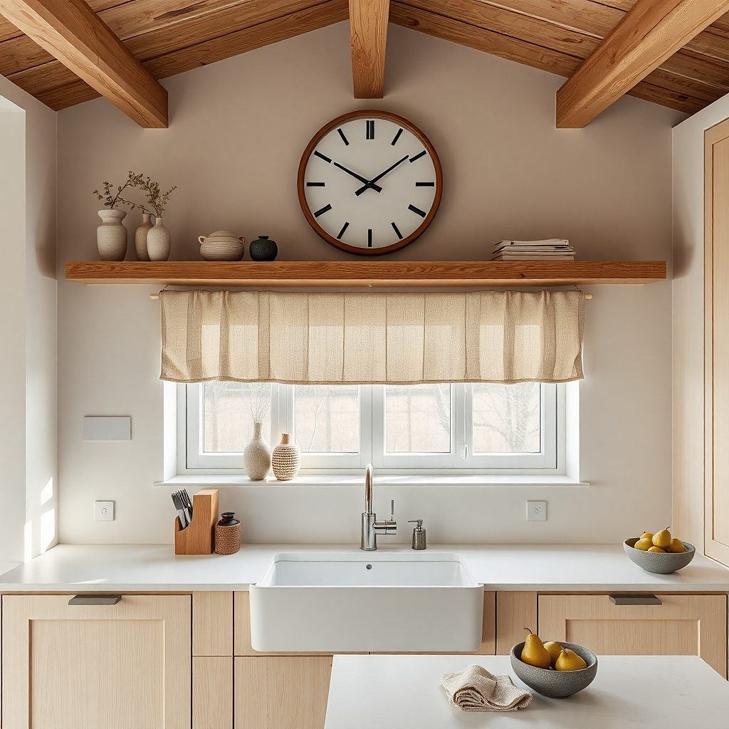 Three hooks with a ladle and whisk and a linen towel above sink.