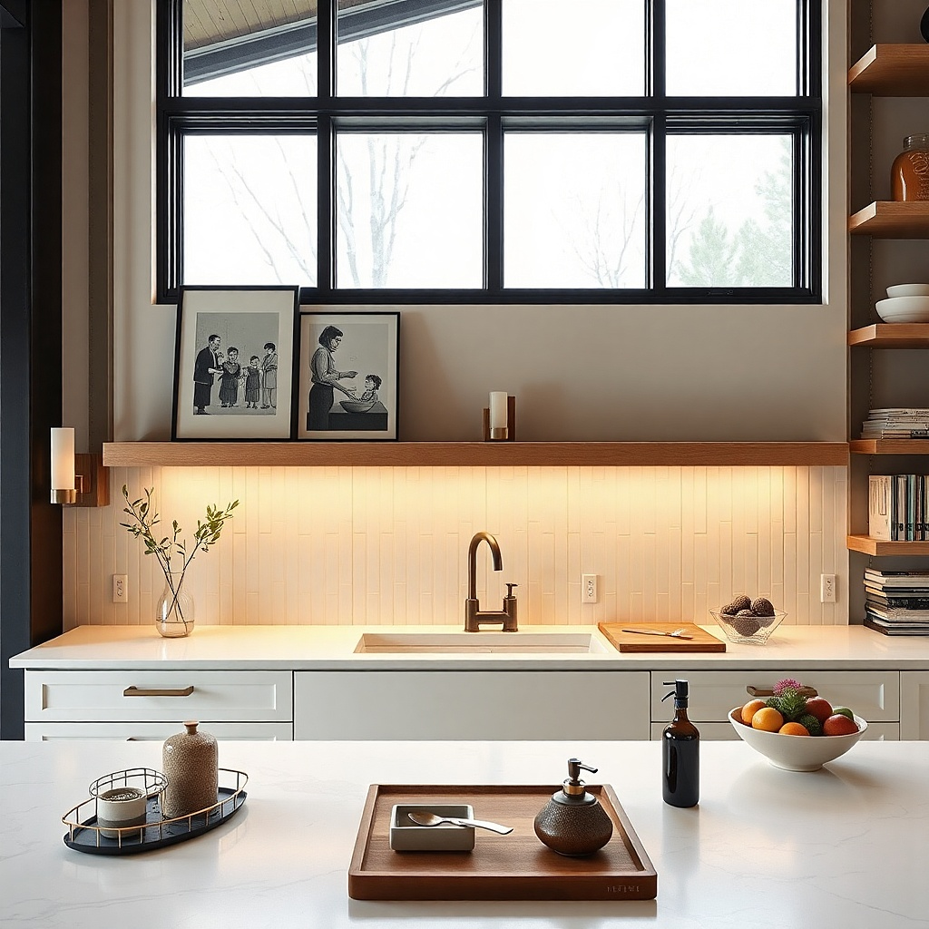 Woven basket mounted above a slim wood ledge with small kitchen items