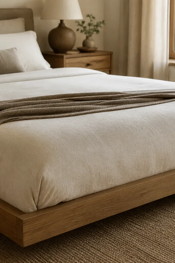 Cream duvet on a light oak bed with a taupe throw folded at the foot