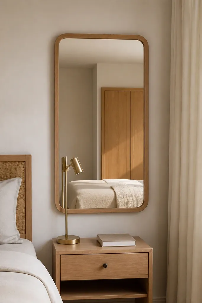 Large matte mirror centered on the wall above a minimalist nightstand