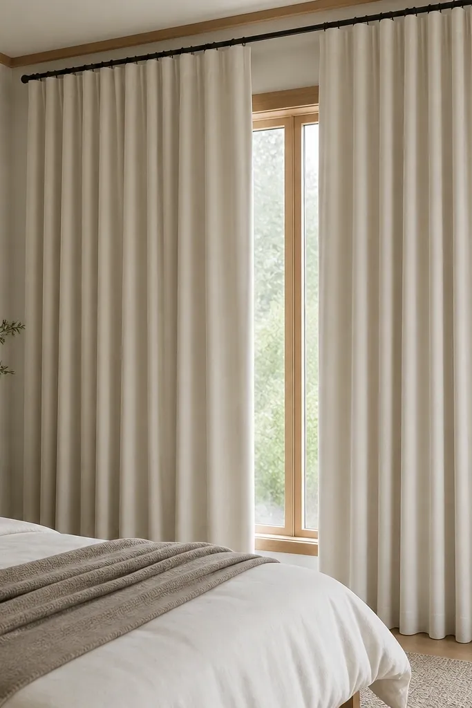 Off-white floor-length curtains hung above a window in a light oak bedroom