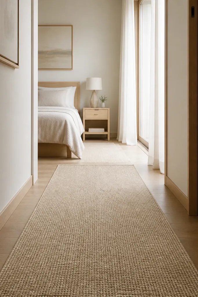 Natural neutral runner rug leading from the bedroom entrance toward the bed