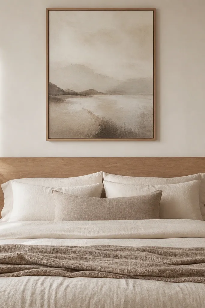 Large framed print above the bed with a matte wood frame