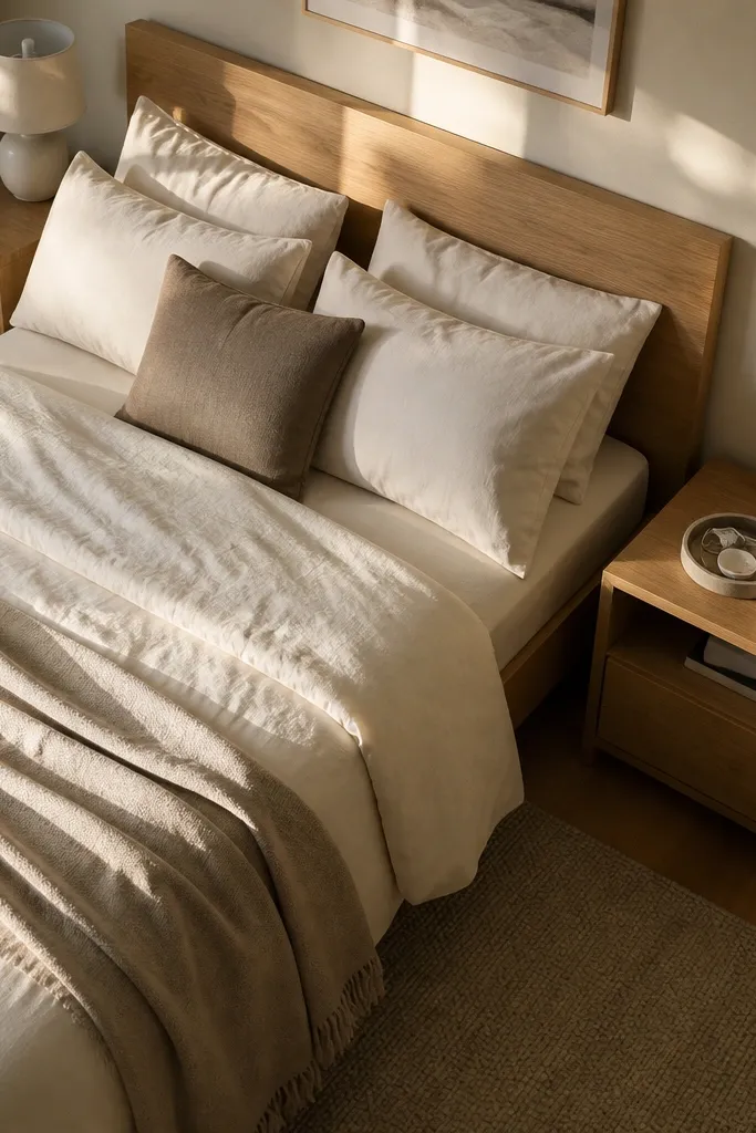 Two matching slim nightstands with a single lidded tray and a lamp