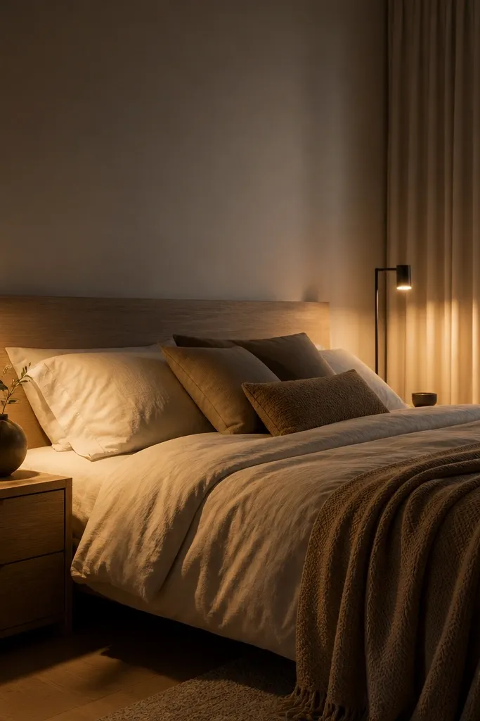 Bedside lamp with warm glow on a nightstand beside a light oak bed